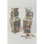 Pair of Chinese famille rose vases, early 19th Century, square section with waisted neck,