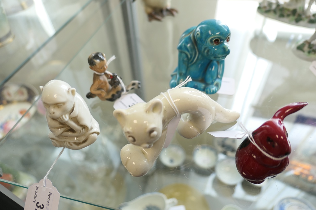 Small group of five pottery figures including a Royal Doulton flambe rabbit, - Image 2 of 9