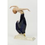 Royal Dux model of a dancer, semi-nude in a cobalt blue dress with gilt shoes,