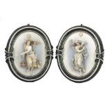 Pair of French coloured bisque wall plaques, modelled figuratively as Day and Night,