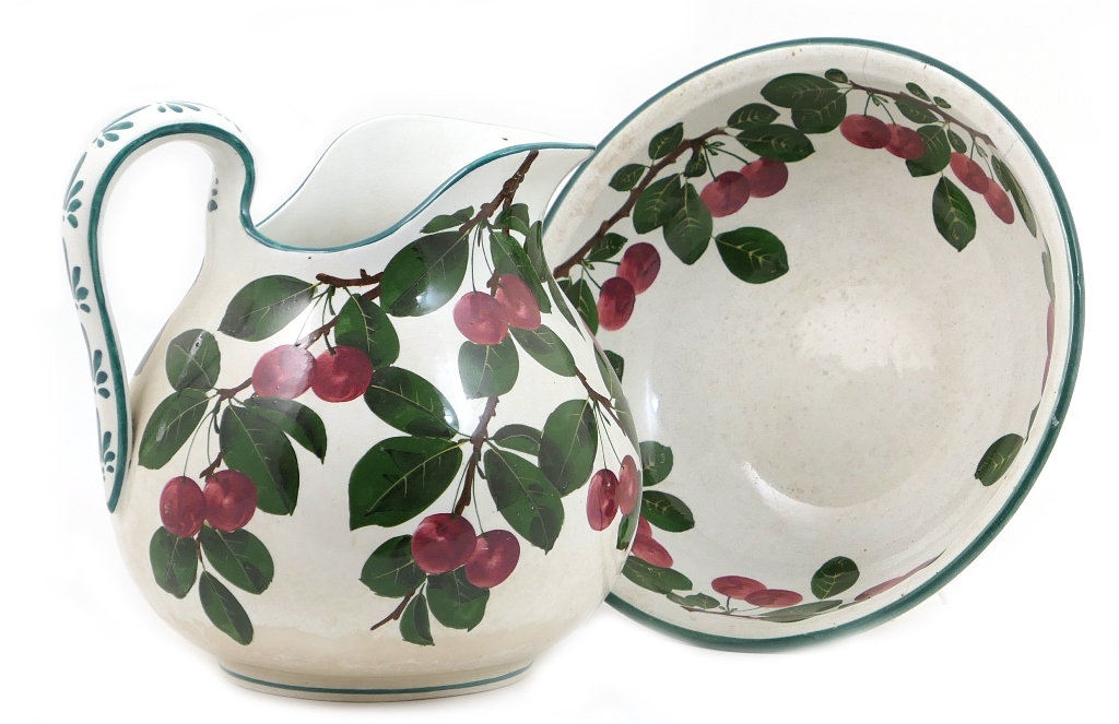 Wemyss Cherries jug and bowl, the jug of wide baluster form boldly decorated, painted mark,