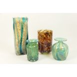 Mdina glass vase, of irregular square section, decorated with sea green vertilinear decoration,