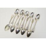 Nine silver fiddle pattern table spoons, comprising three by RR, London 1812,