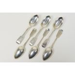 Set of six Victorian fiddle pattern dessert spoons, by W R Smily, London 1854,