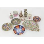 Number of Oriental miniature porcelains including a Canton famille rose leaf shaped dish, 18.