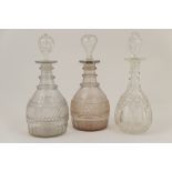 Pair of late George III triple ring neck mallet decanters, each with a band of strawberry cutting,