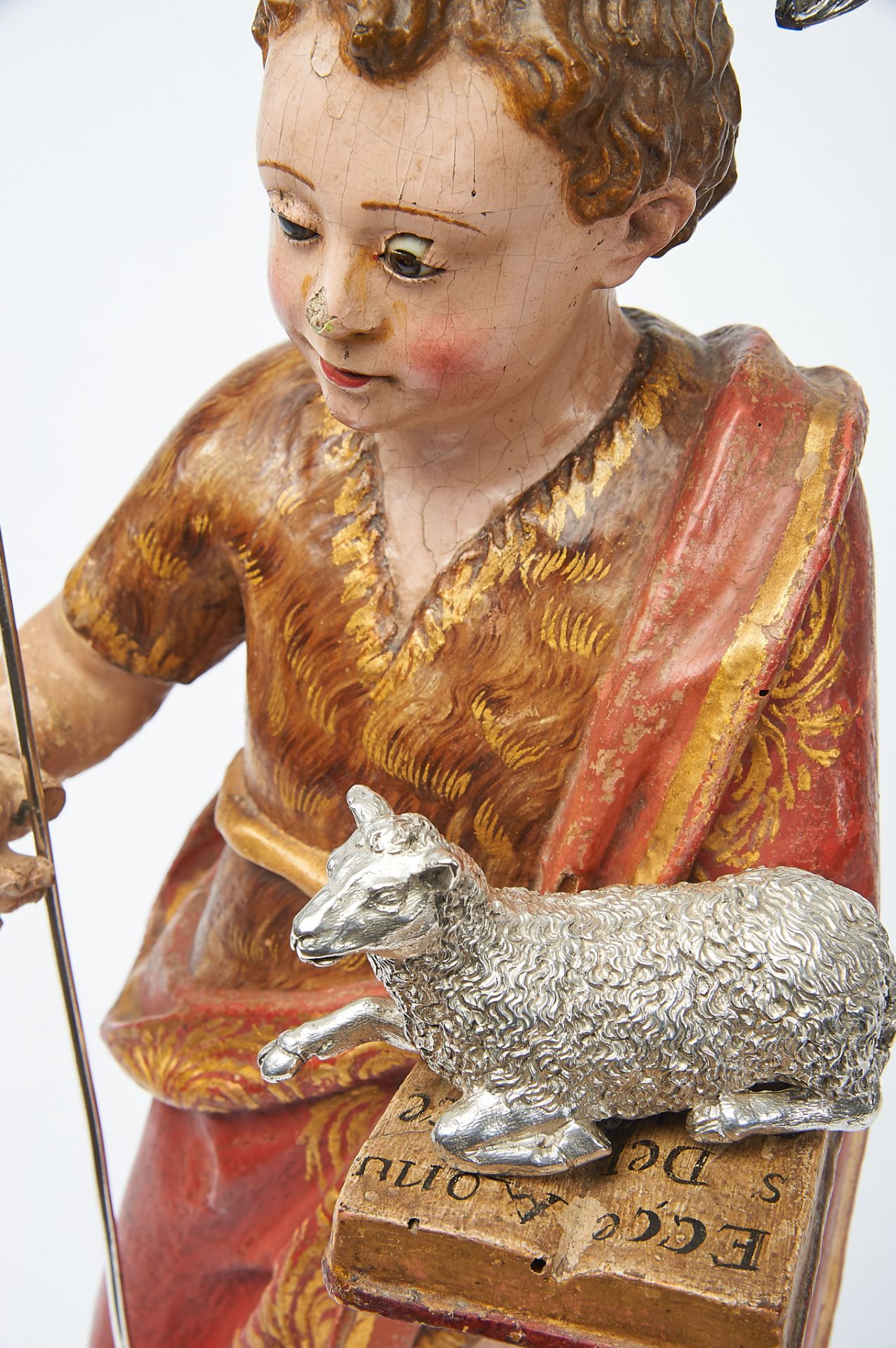 St. John the Baptist (As a Child), polychrome and gilt wooden sculpture, silver sheep, standard - Bild 2 aus 3