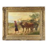 ERNESTO CONDEIXA - 1857-1933, Women from Minho yoking a pair of oxen, oil on canvas, relined, signed