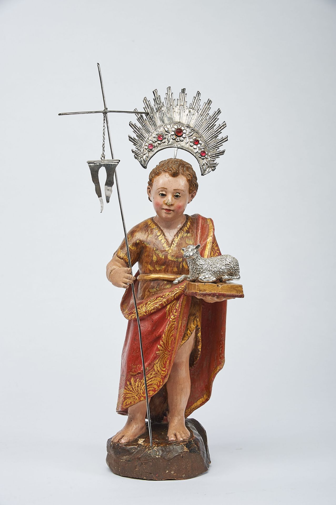 St. John the Baptist (As a Child), polychrome and gilt wooden sculpture, silver sheep, standard