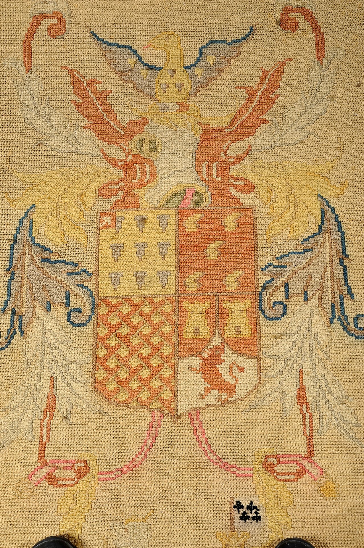 A Small Tapestry, Arraiolos, wool yarn, polychrome decoration with a Portuguese coat of arms: I