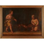 An Allegory to Winter - Boys firing a fire, oil on canvas, French school, 18th C., relined,