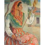 COUTO TAVARES - SÉC. XX, "Minhota fiando" (A Woman from Minho spinning), oil on canvas, tears on the
