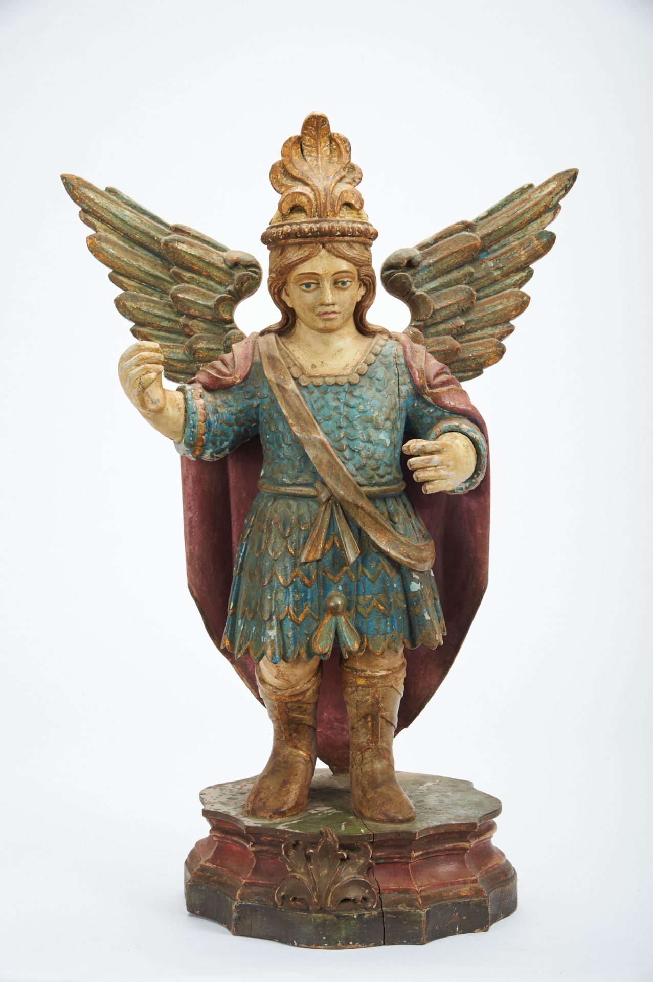 St. Michael the Archangel, polychrome and gilt teak sculpture, Indo-Portuguese, 18th C. (2nd