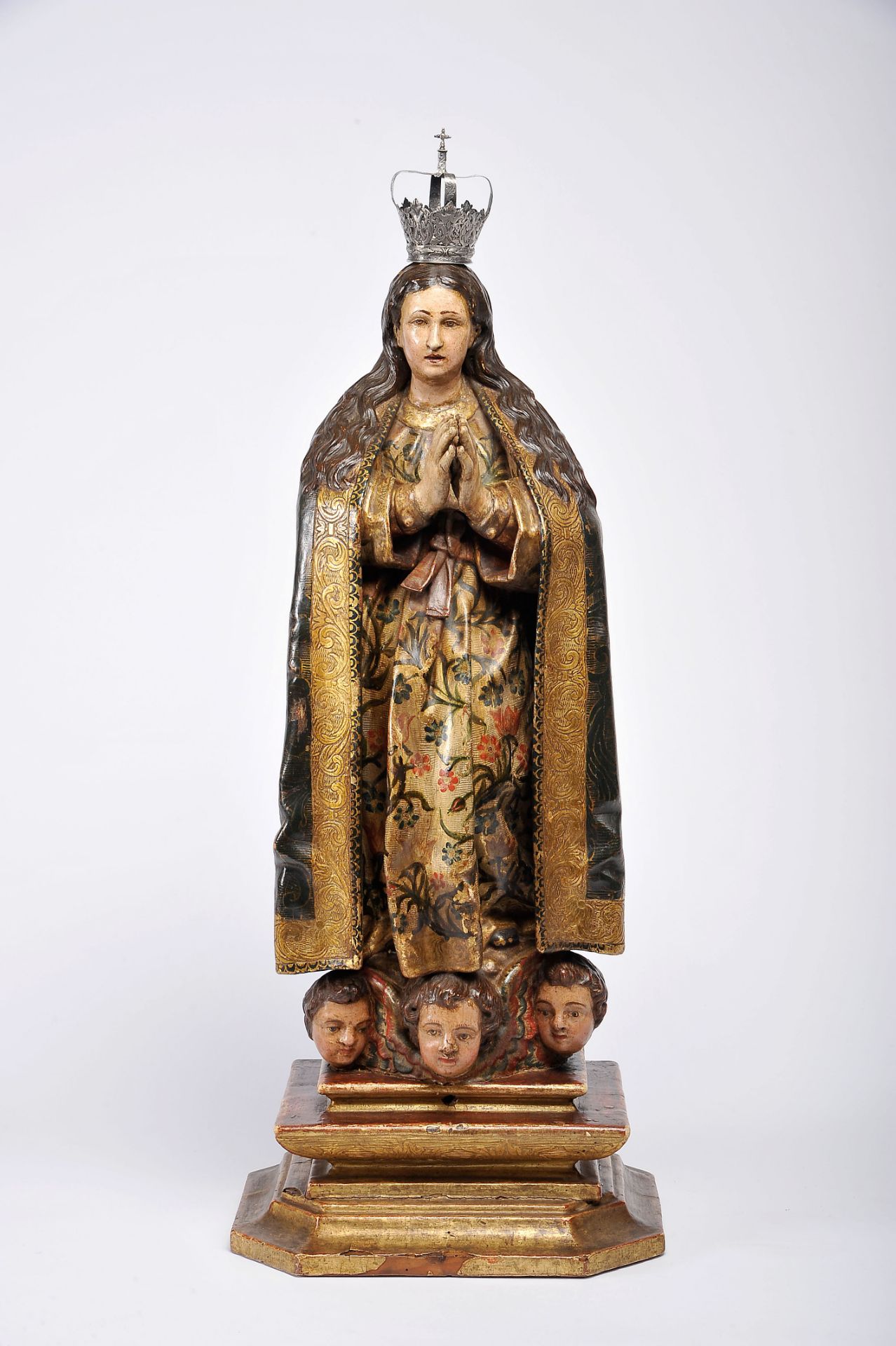 Our Lady of the Immaculate Conception, polychrome and gilt wooden sculpture, silver crown,