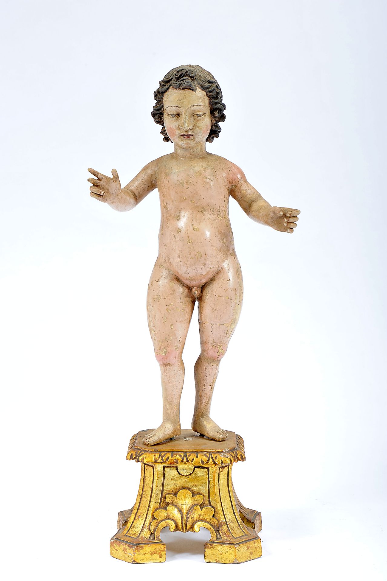 The Child Jesus, Malines, polychrome wooden sculpture, Flemish, 16th C., restoration and faults on