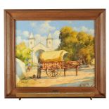 CARLOS RAMOS - 1912-1983, Figures and mule cart in front of the church, oil on chipboard, signed,