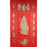 Ma Ko Goddess, red fabric embroidered with polychrome silk thread and metallic thread, bordure