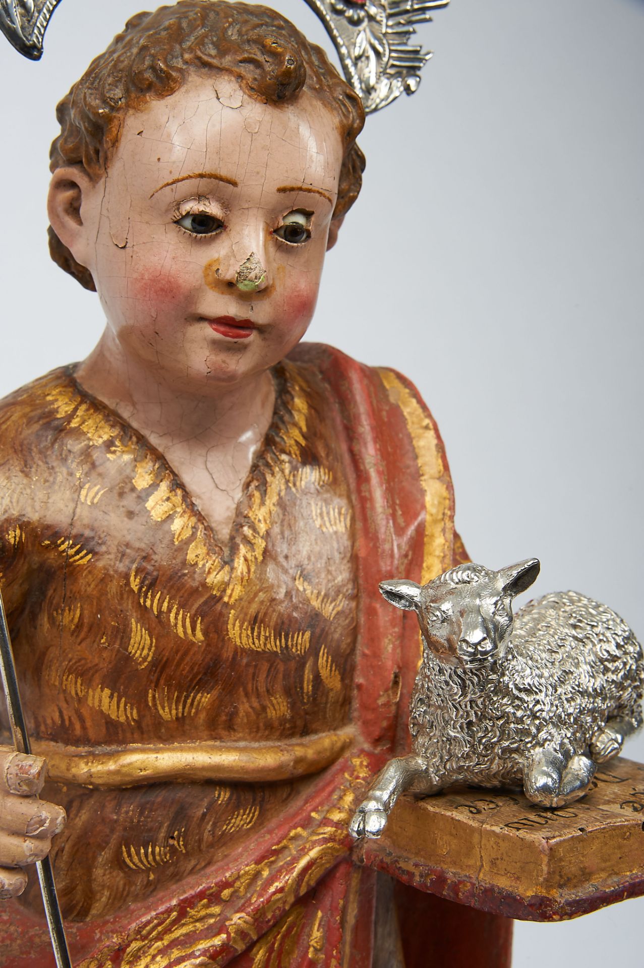 St. John the Baptist (As a Child), polychrome and gilt wooden sculpture, silver sheep, standard - Bild 3 aus 3