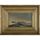 A Marine - Two Sailing Boats and Steamer with the Flag of the Monarchy, oil on cardboard, Portuguese