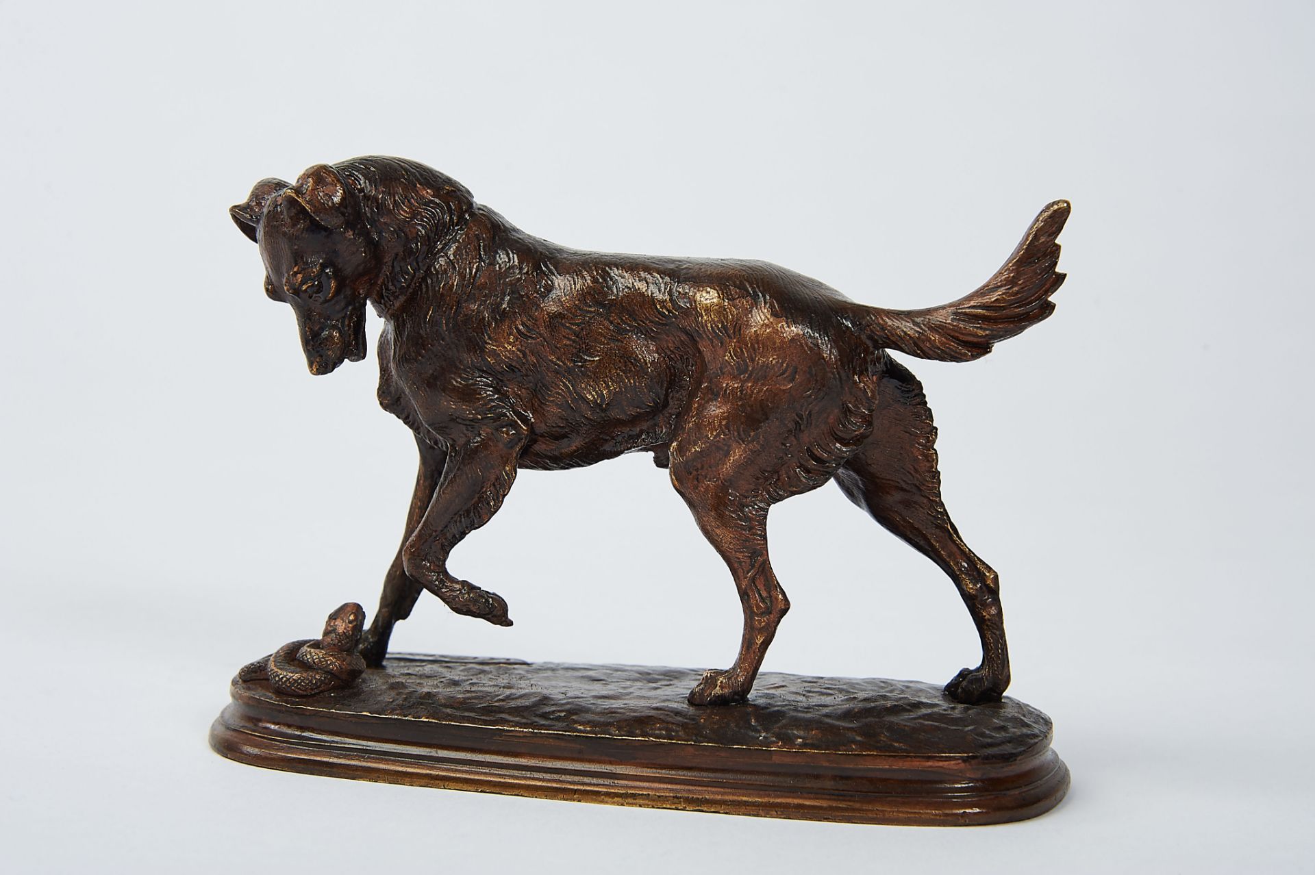 "A Hound and a Serpent", patinated bronze sculpture, French, 20th C. late cast, V. CHEMIN (