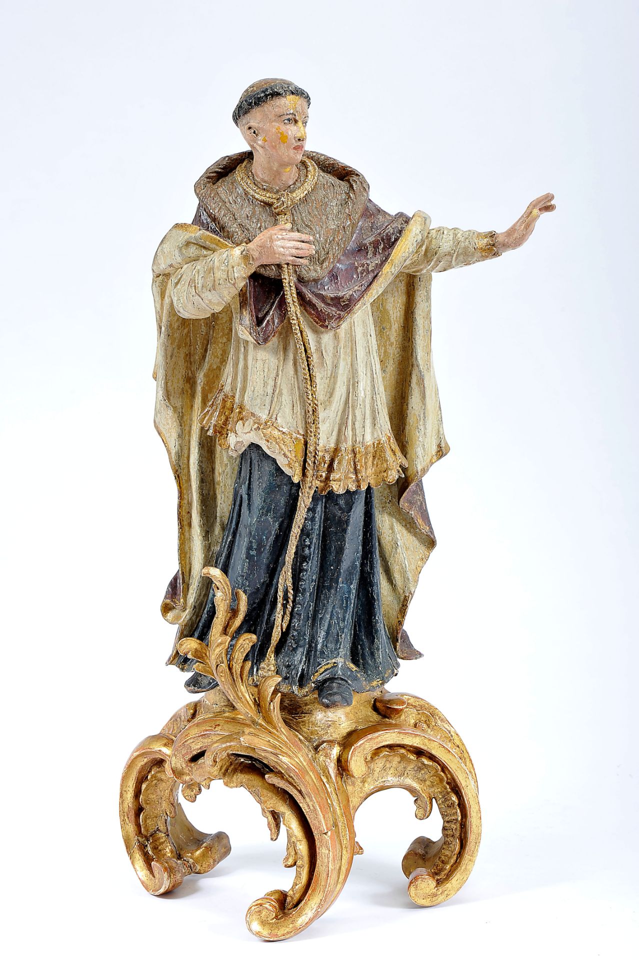 Saint Charles Borromeo, polychrome and gilt wooden sculpture, carved and gilt wooden rocaille stand,