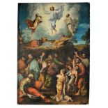 Transfiguration of Jesus, oil on canvas, Flemish school, 17th/18th C., relined, restoration,