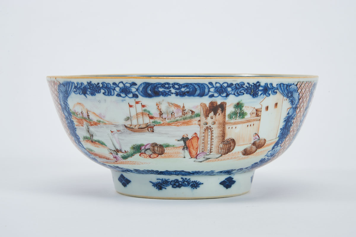 A Bowl, Chinese export porcelain, polychrome decoration "European sea port with figures" the Meissen
