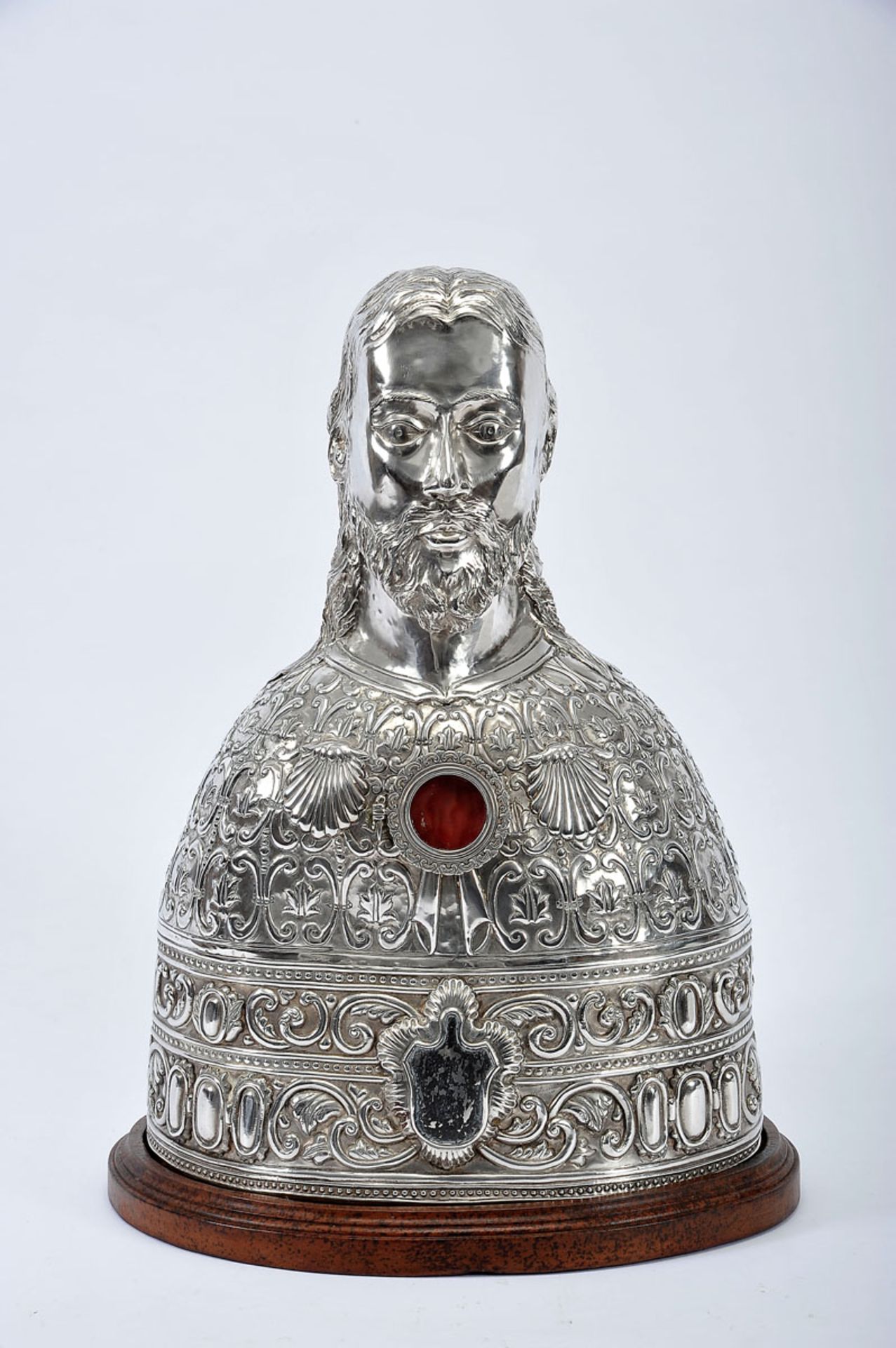 Saint James, silver bust en relief, wooden stand, Spanish, 19th/20th C., bruises, small faults and