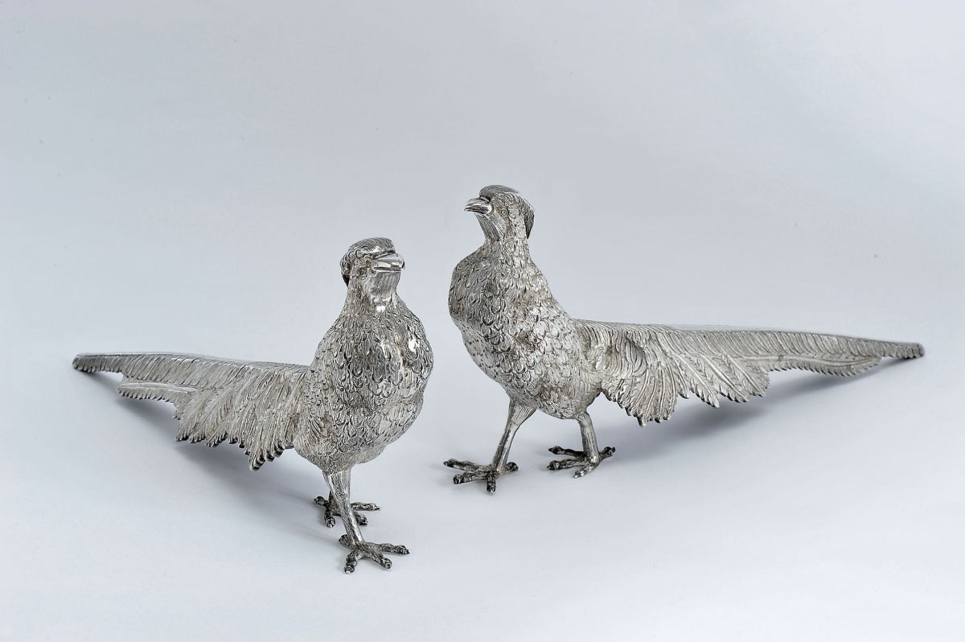 Pheasants, two 833/1000 silver sculptures, chiselled decoration, Portuguese, Oporto Águia mark (