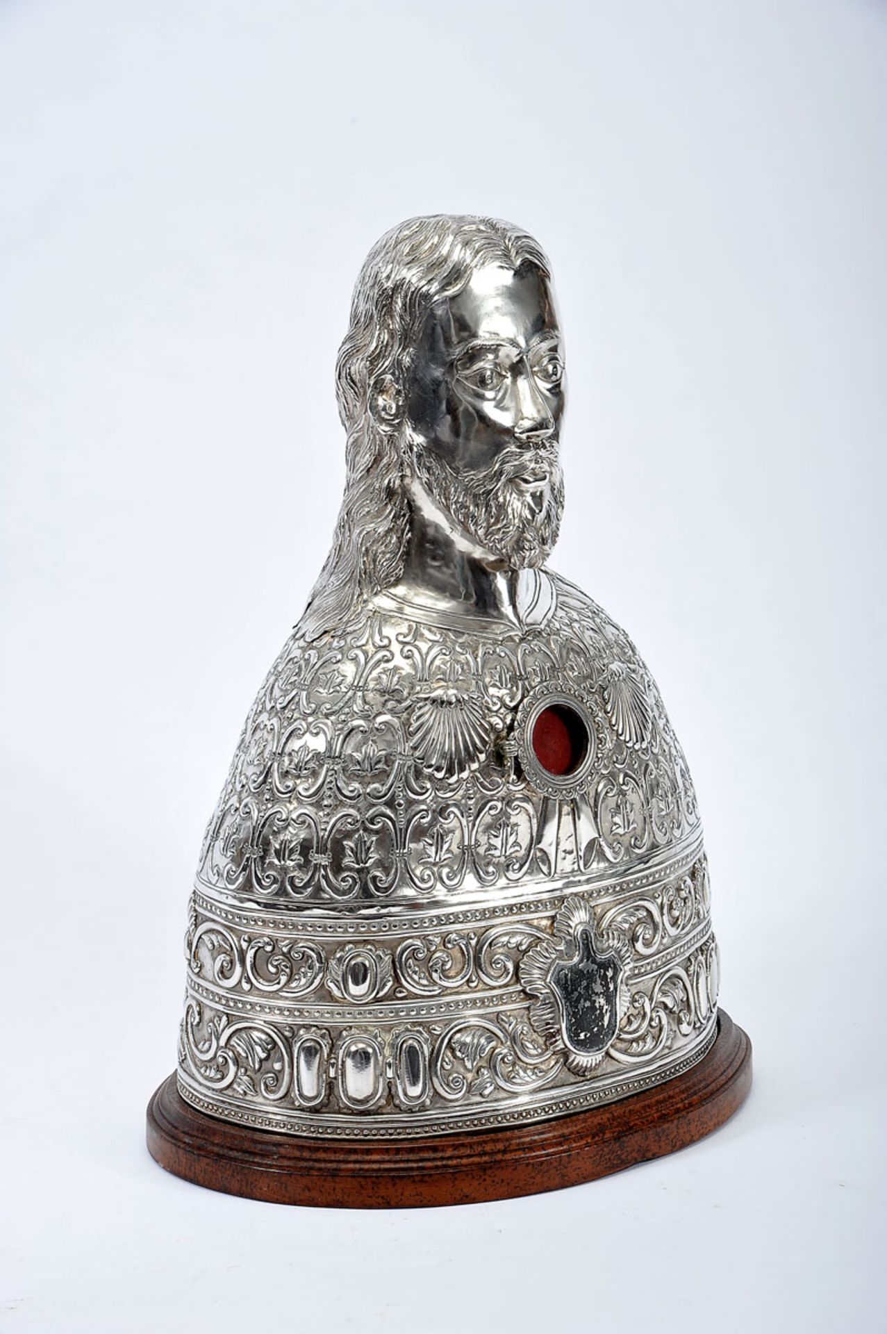 Saint James, silver bust en relief, wooden stand, Spanish, 19th/20th C., bruises, small faults and - Bild 2 aus 2