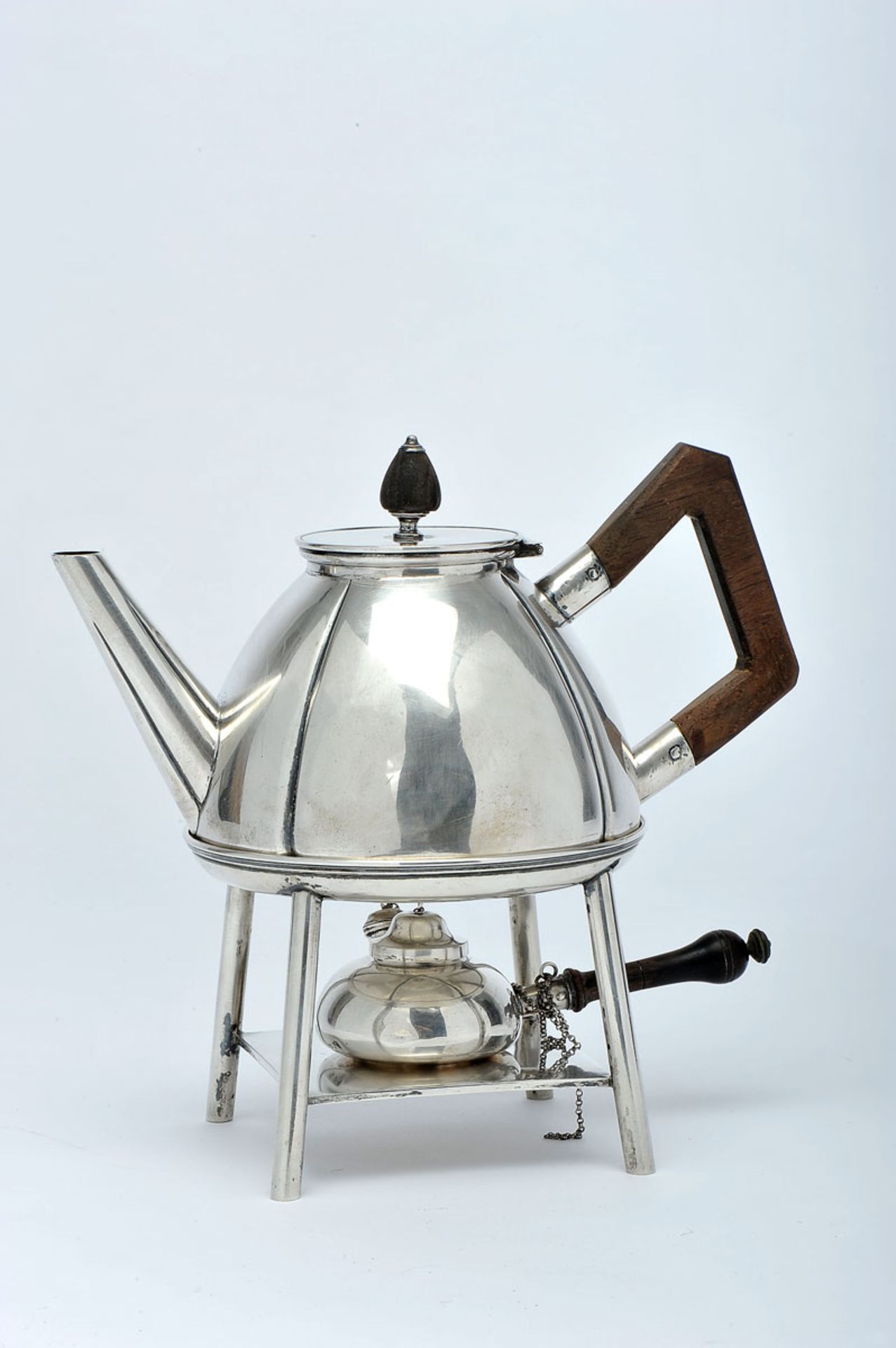 A Teapot with Chaffing Dish, Art Deco, 833/1000 silver, wooden handles nd cover's finial,
