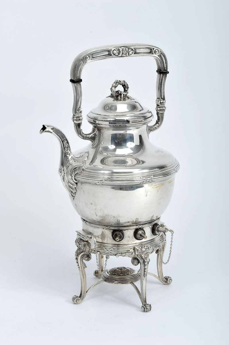 A Teapot with Burner, 800/1000 silver and metal, decoration en relief "Flowers and shell motifs",