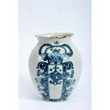 A Pharmacy Pot, faience, blue decoration with coat of arms of the order of Mount Carmel topped by