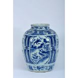 A Pot, chinese export kraak porcelain, blue decoration with reserves "landscape with birds and