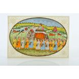 A Cortege with Mughal personality on elephant, pierced, painted and gilt ivory plaque en relief,