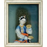 A Female Figure, reverse painted glass, Chinese school, 18th C., minor defects, later frame,