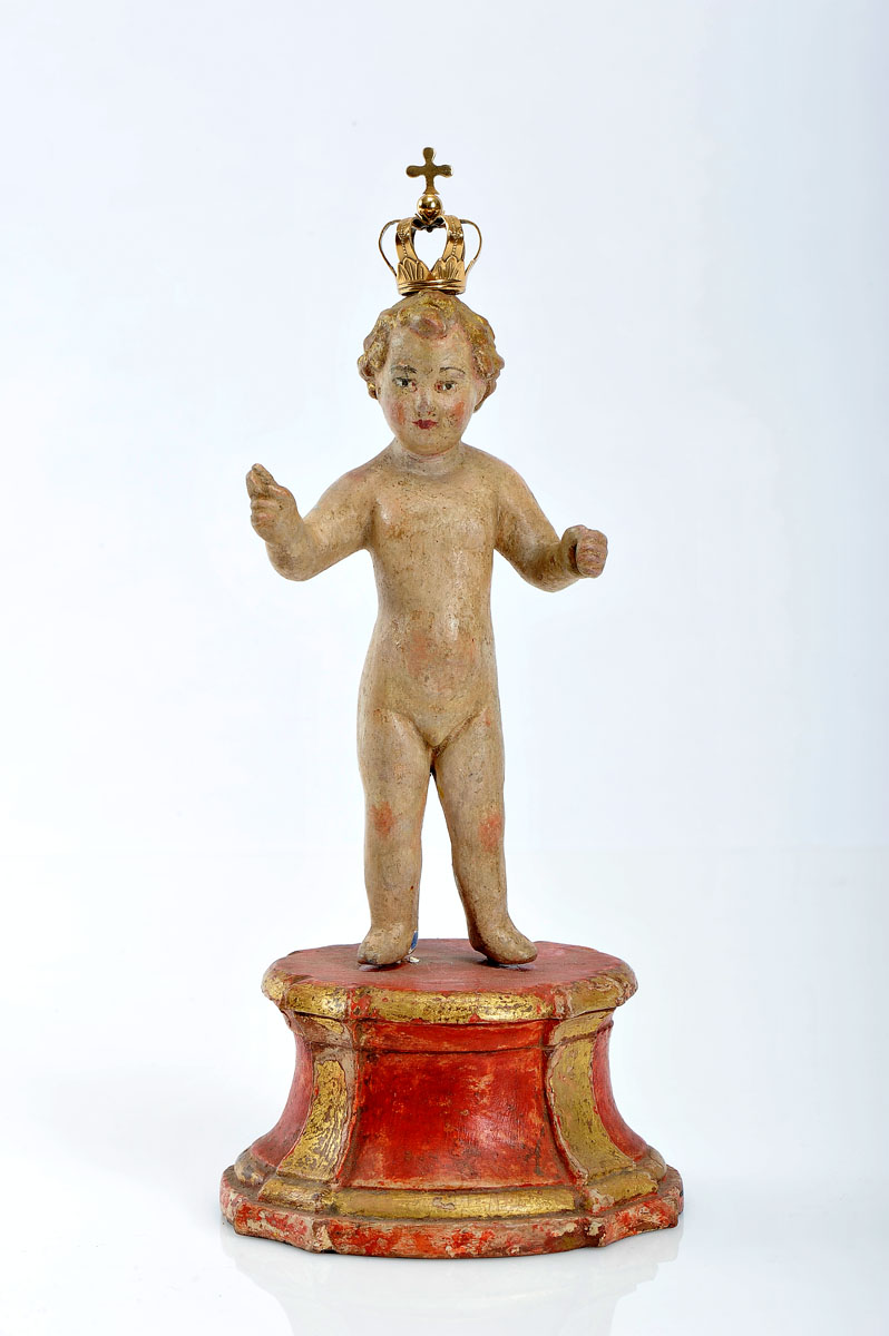 The Child Jesus, polychrome and gilt wooden sculpture, painted and gilt wooden stand, silver