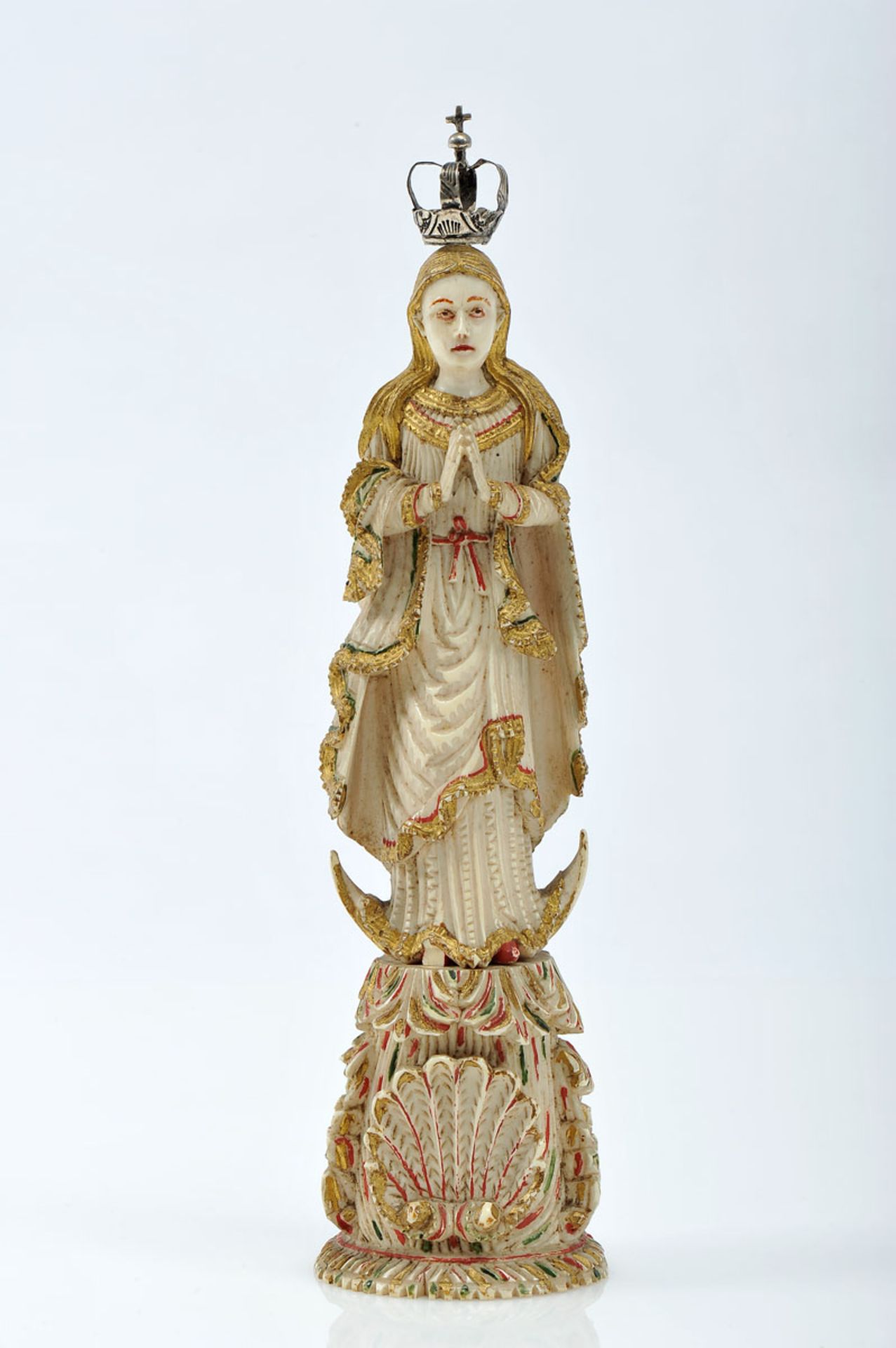 Our Lady of the Immaculate Conception, partly gilt and polychrome ivory sculpture, silver halo,