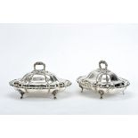 A Pair of Four-footed Covered Dishes, Victorian, silver metal, decoration en relief, English, 19th