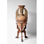 Alhambra Vase, faience, copper-and-blue decoration, the Hispanic-Moorish ceramics manner, carved oak