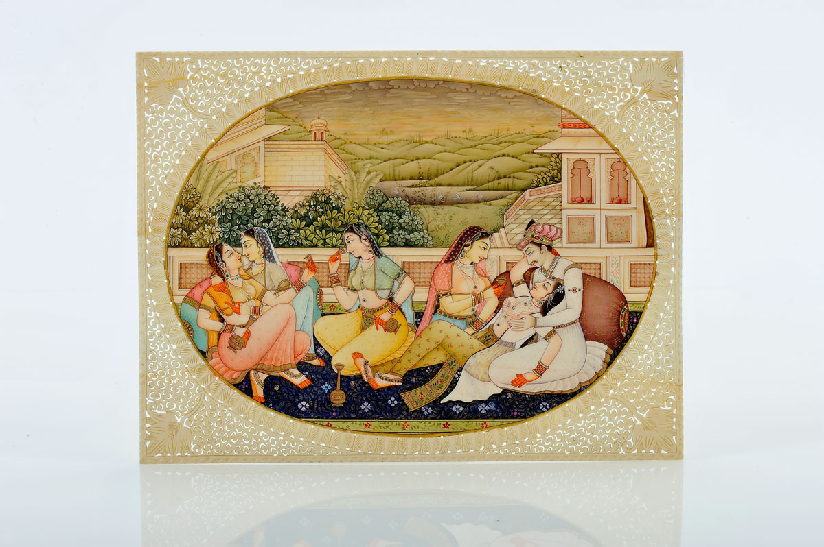 An Erotic Scene, engraved, pierced, painted and gilt ivory plaque, Mughal Empire, India, 19th C.,