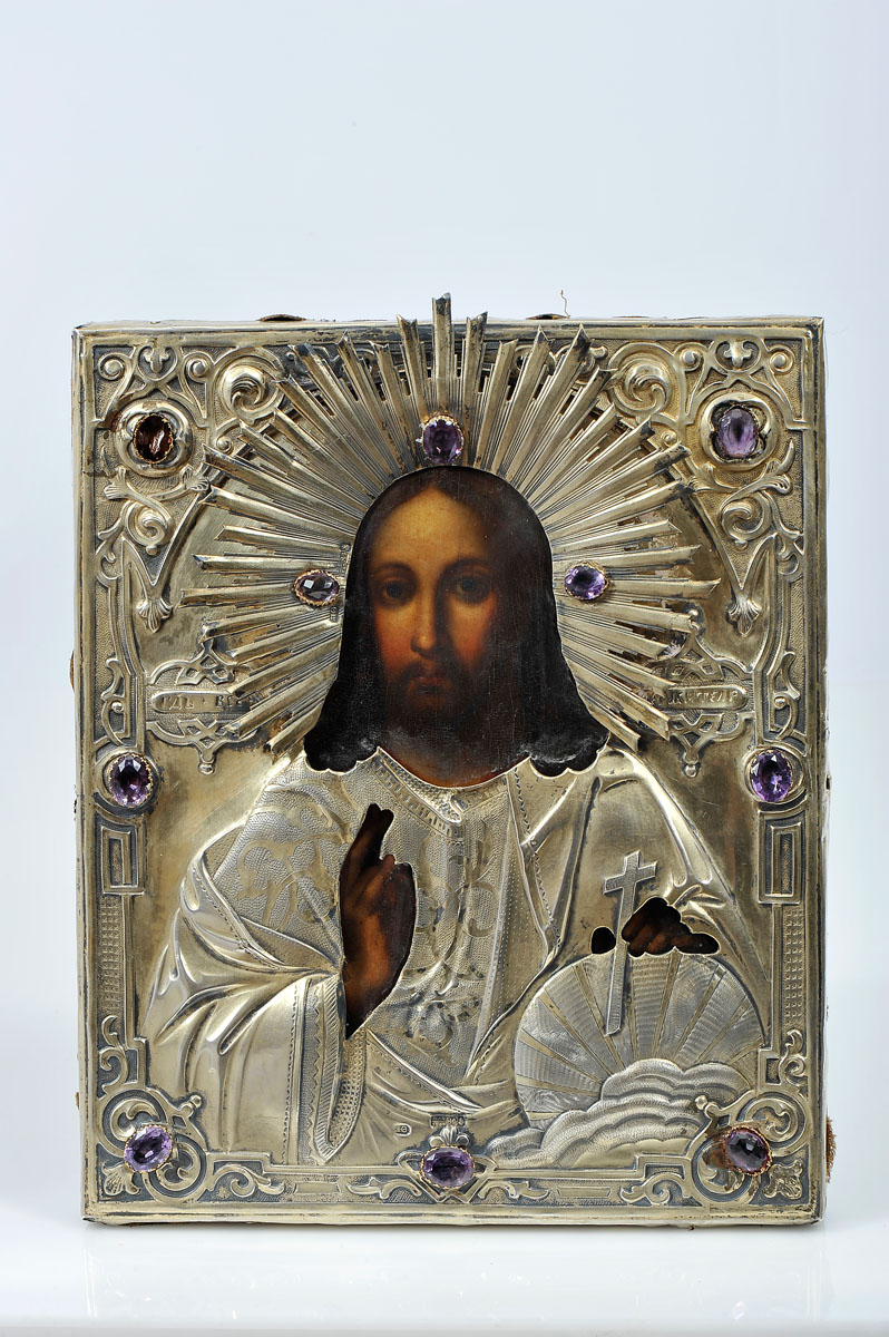 An Icon - Jesus Christ Pantocrator, oil on wood, 875/1000 silver oklade, decoration en relief with