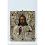 An Icon - Jesus Christ Pantocrator, oil on wood, 875/1000 silver oklade, decoration en relief with