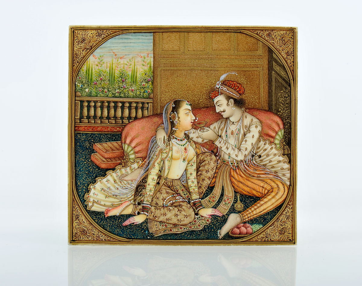 A Gallant Scene, polychrome and gilt painting on ivory, Mughal Empire, India, 19th C., Dim. - 6,7