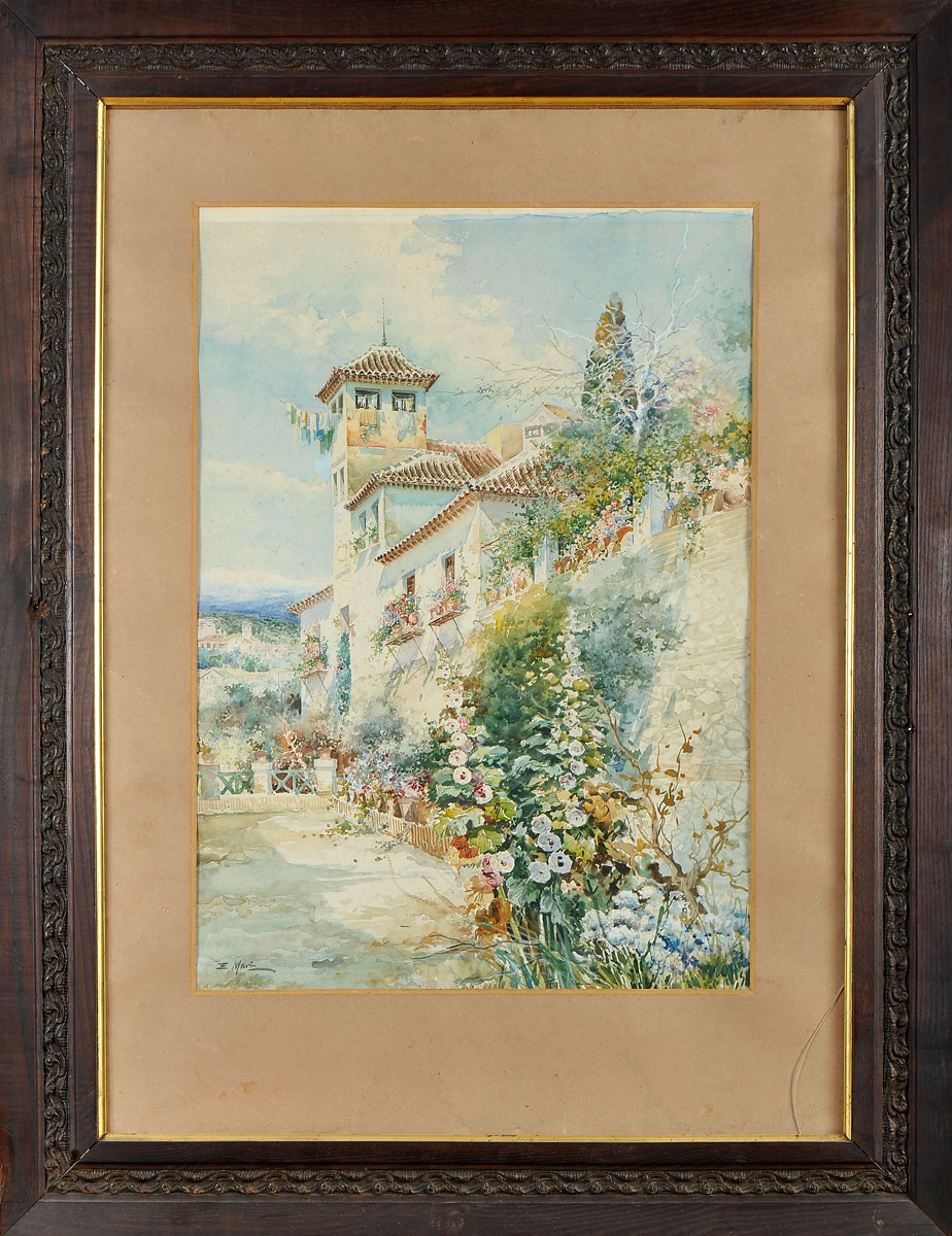 Landscape with House, watercolour on paper, Spanish School, 19th/20th C., signed E. MARIN - probably