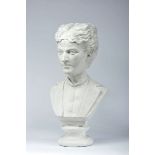 Bust of Queen Dona Maria Pia of Portugal, painted plaster sculpture, white monochrome decoration,