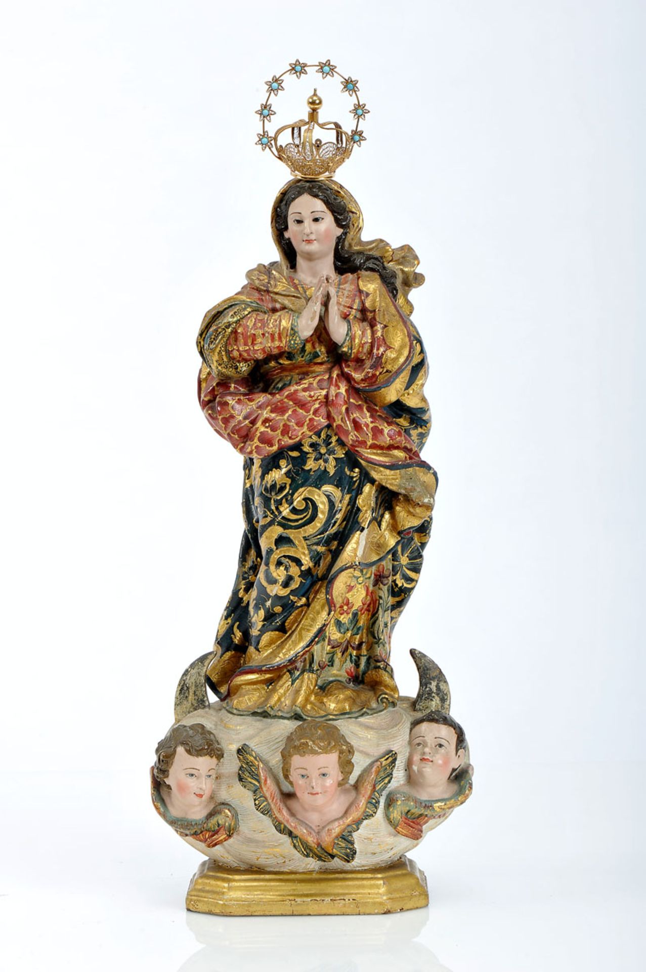 Our Lady of The Immaculate Conception, gilt and polychrome wooden sculpture, 833/1000 gilt silver
