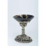 A Stemmed Cup, agate, 812/1000 silver foot en relief with enamel applications, garnets and