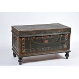 A Chest, camphor, painted and fully black dyed leather lined with polychrome decoration "Flowers",