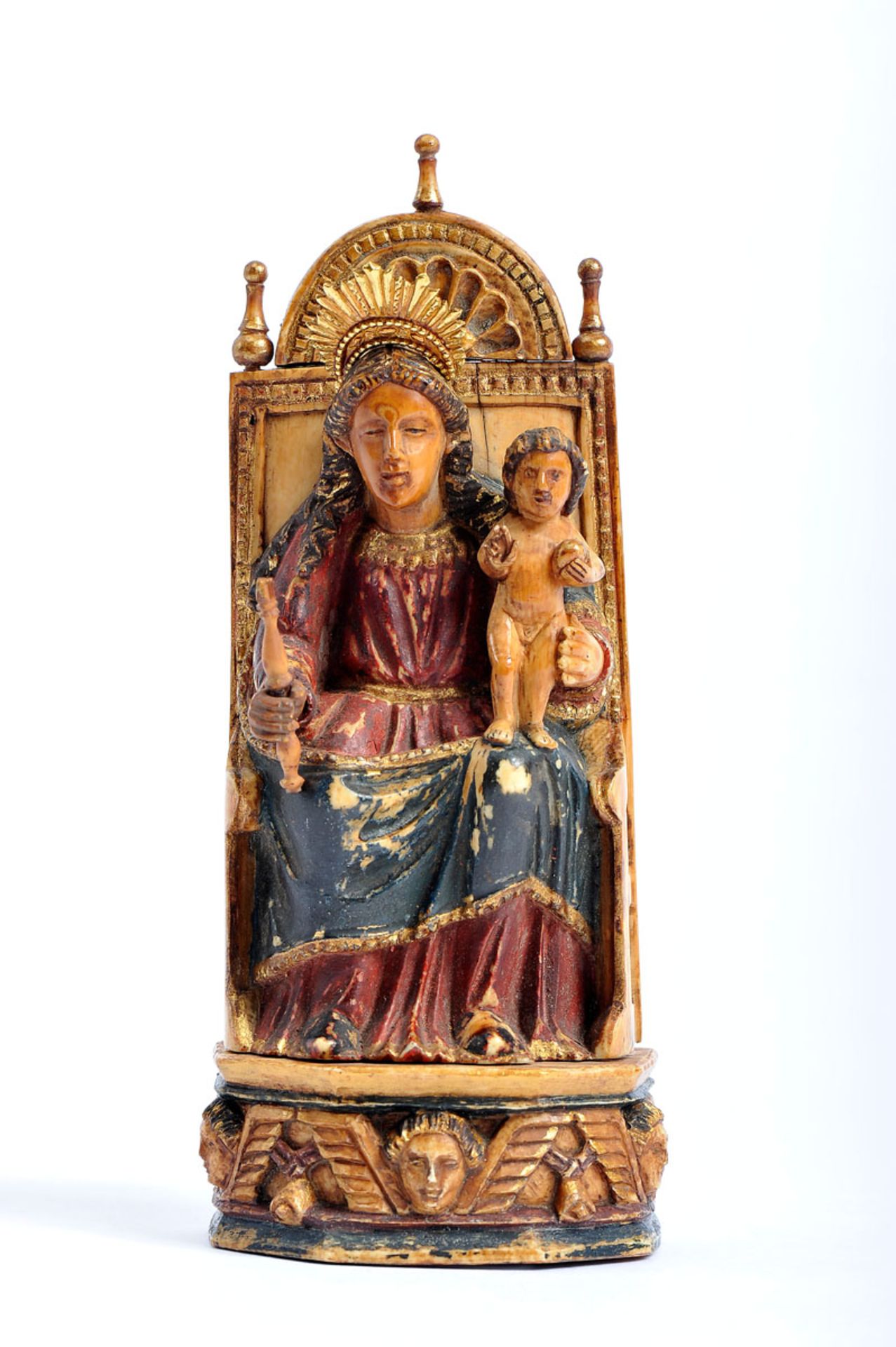 Our Lady in Majesty with the Child Jesus, polychrome ivory sculpture, gilt hallo, Indo-Portuguese,